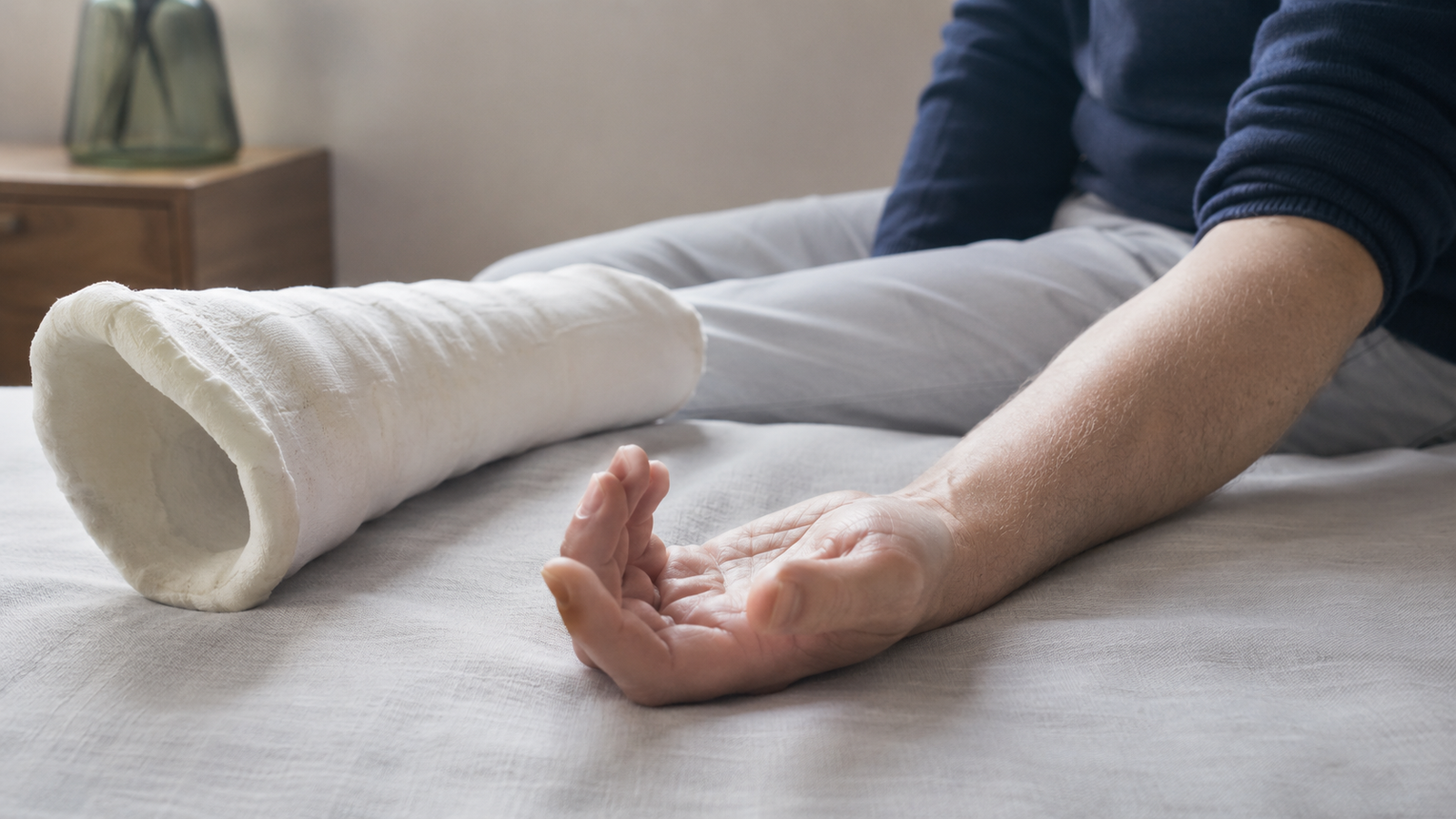 An arm just out of a plaster cast, thinner than the other