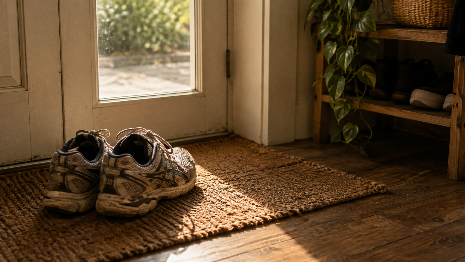 Running shoes back in their place by a front door