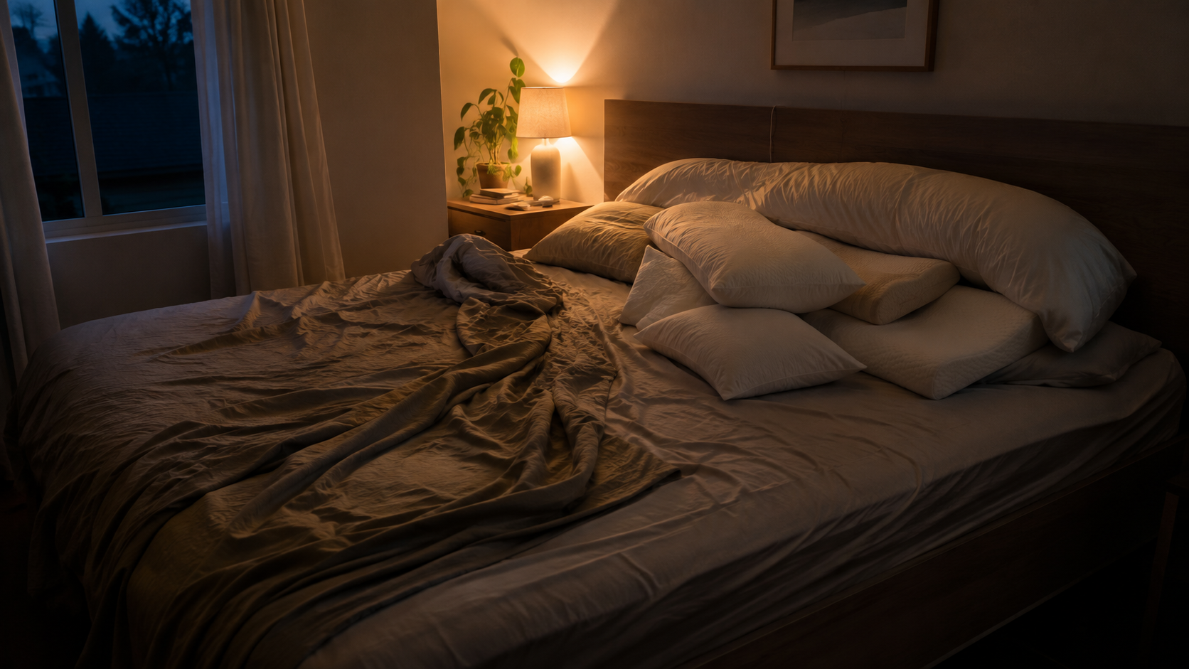 An unmade bed with pillows arranged around one side