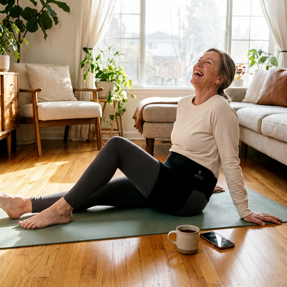 A woman wearing the wrap at home with a coffee