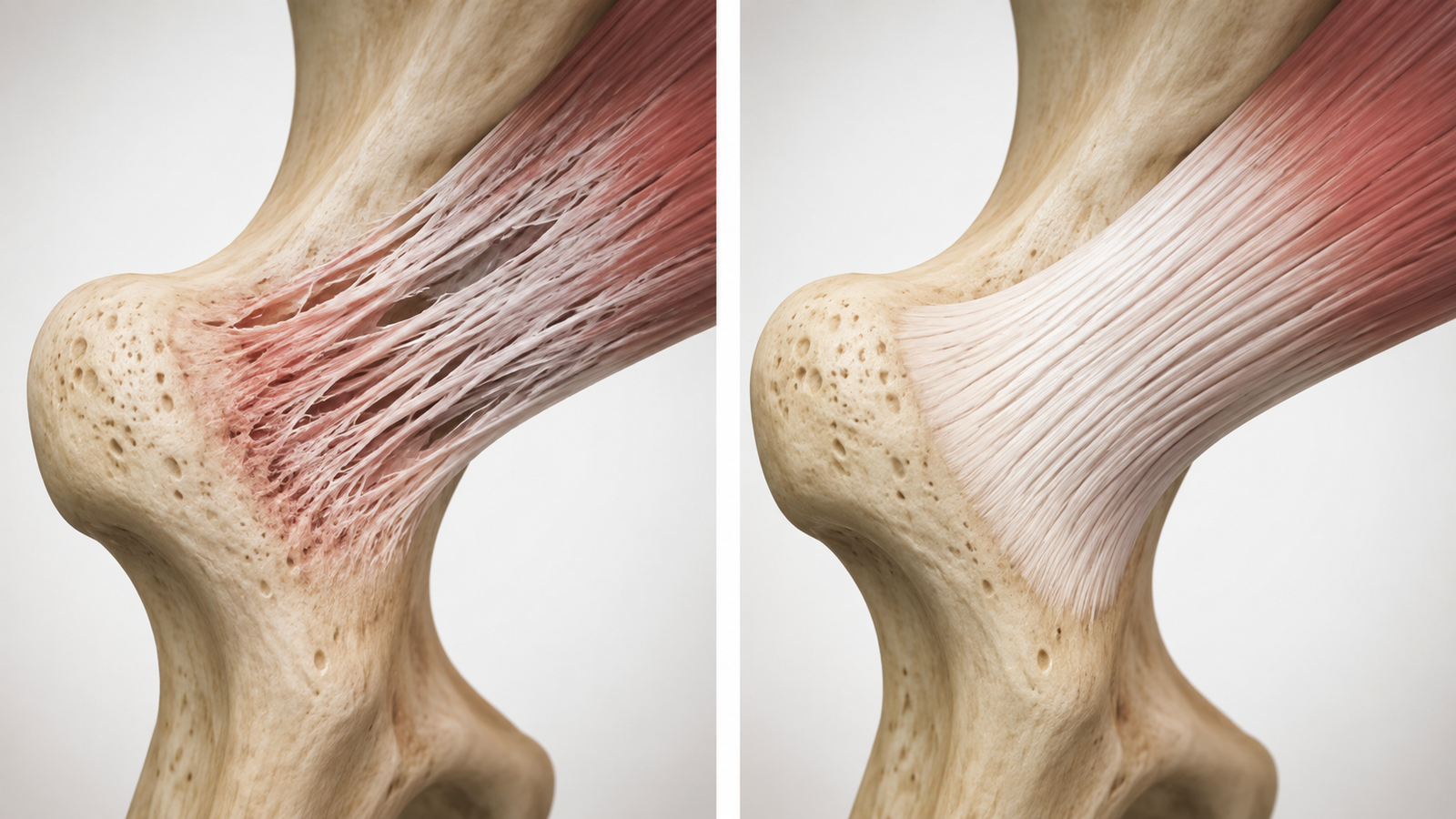 Worn tendon fibres beside rebuilt tendon fibres